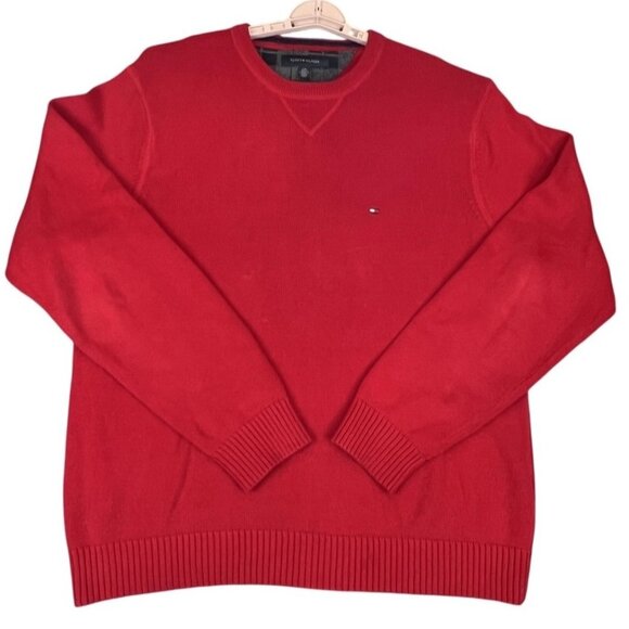 Tommy Hilfiger Mens L Red Sweater Crewneck Pullover Classic Preppy Logo Cotton - Picture 4 of 8